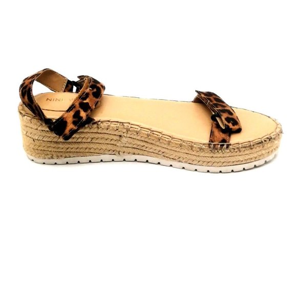 Nine West Womens Sandal Grunner Brown Leopard Print Hook Loop Straps Wedge 9 - Picture 2 of 9